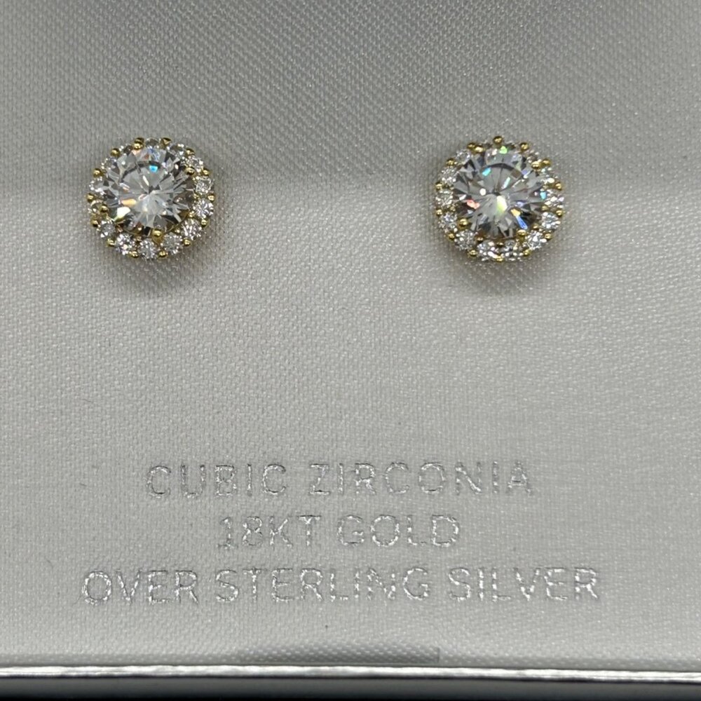 Primrose 18K Gold Over Sterling Silver Cubic Zirconia Halo Stud Earrings - Picture 12 of 14